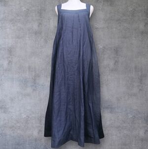 Three Graces London 100% Linen Navy Blue Maxi Dress M/L 100% Linen Coastal
